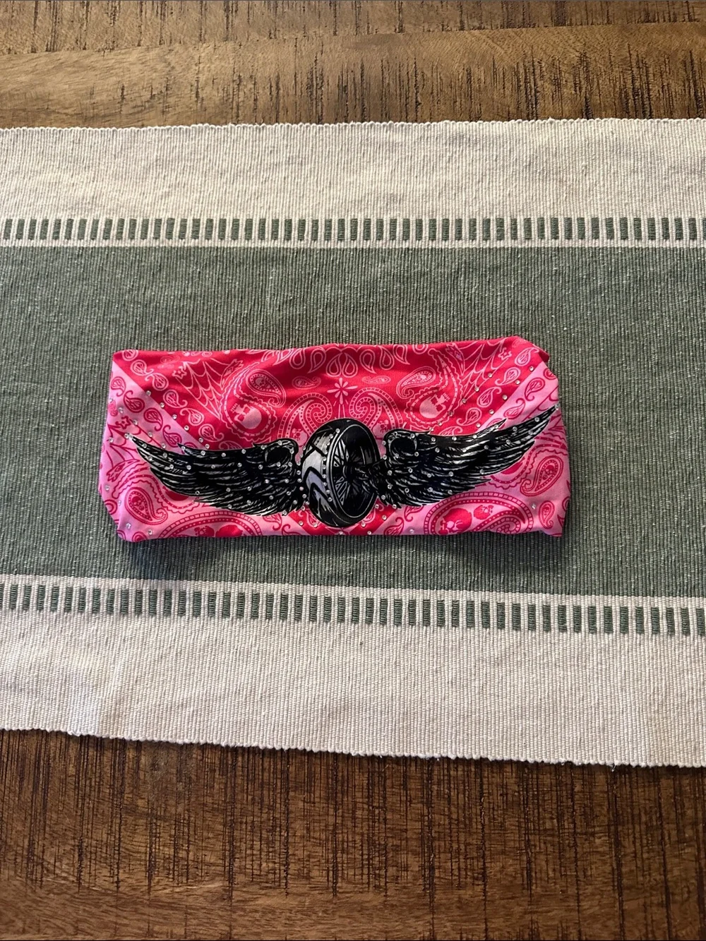 Pink Paisley Headband with Black Winged Emblem